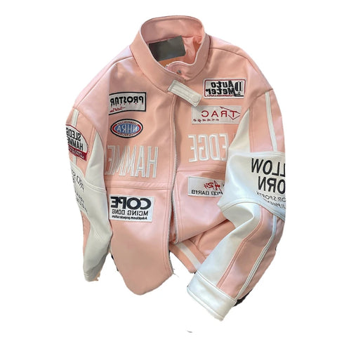 Starboy Studios™  baby pink and white detailed classic leather jacket